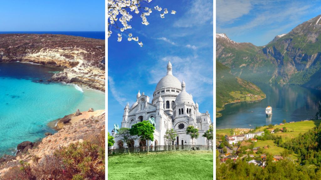 Collage di mete estive tra mare, montagna e città europee per le vacanze di agosto