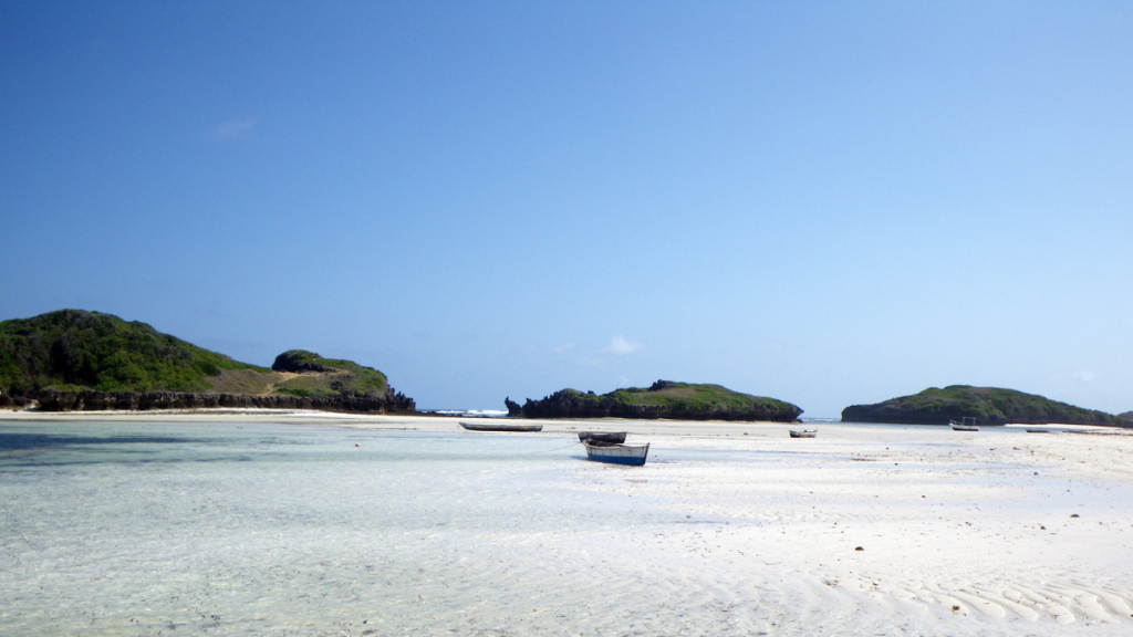Spiaggia bianca con palme e mare turchese sulla costa del Kenya, affacciata sull’Oceano Indiano