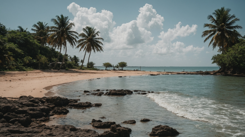 Spiaggia scogli e mare in un panorama nuvoloso a Mombasa